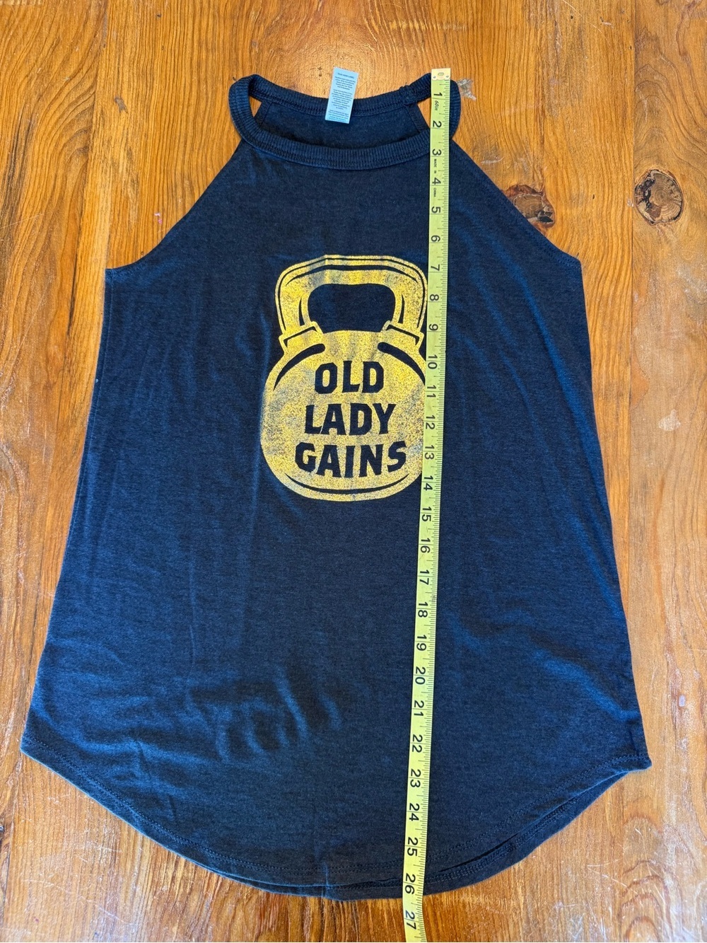 Old Lady Gains District Charcoal Tank Top with Gold Kettlebell Graphic Size XS - Picture 7 of 7